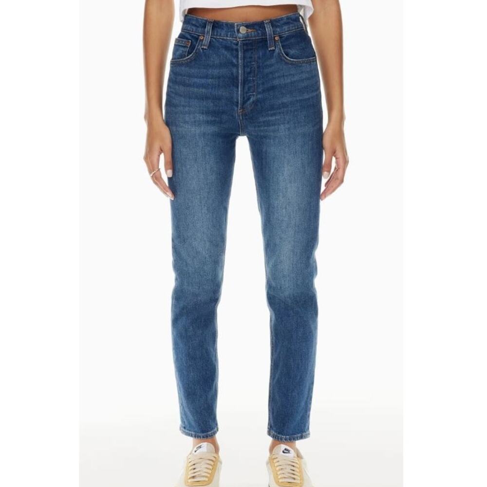 denim forum | yoko high rise slim medium wash button fly aritzia jeans sz 24